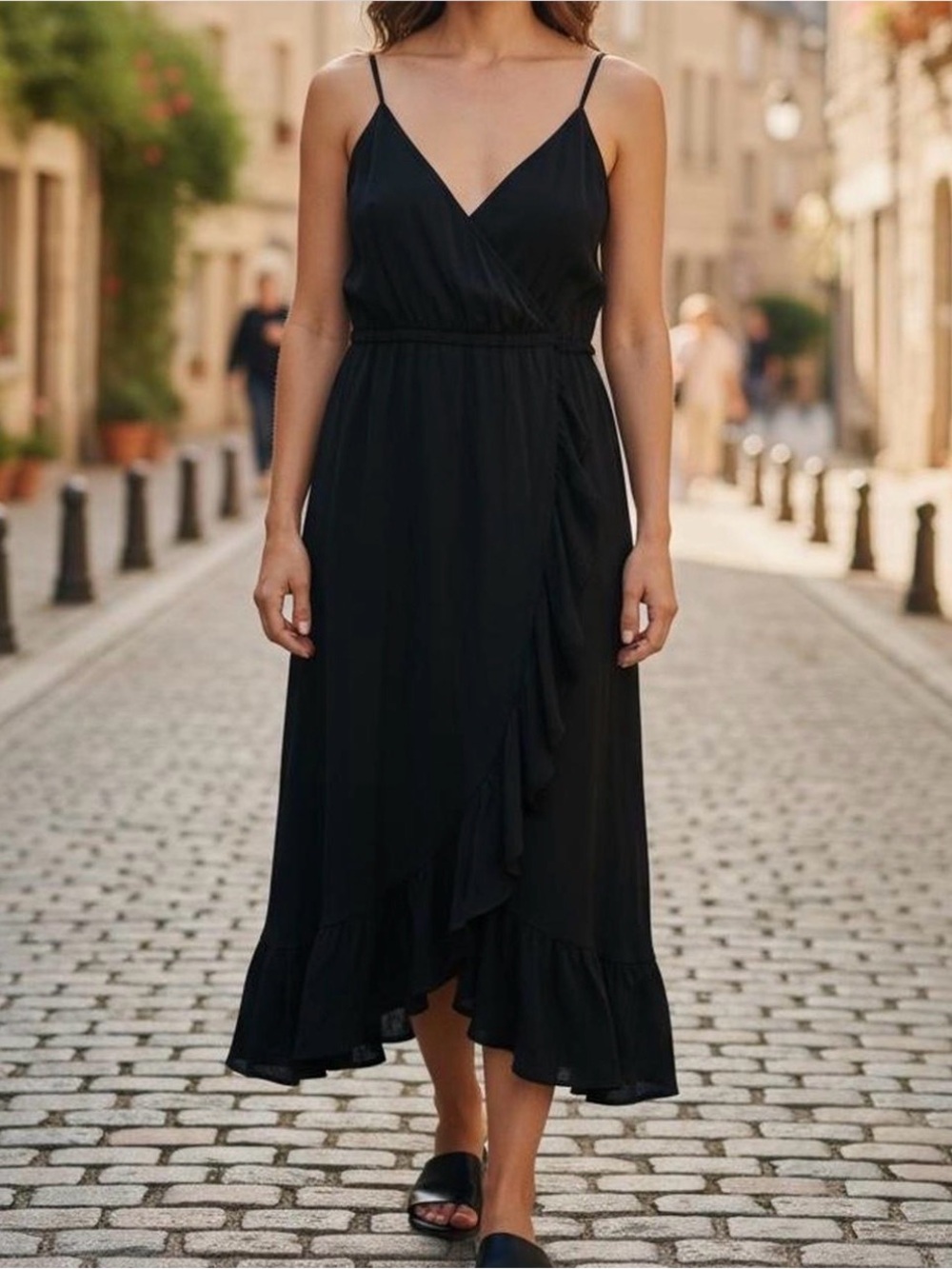 Avec Les Filles Black Spaghetti-Strap Ruffle Midi Dress